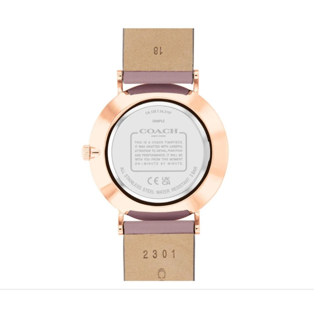 COACH PURPLE LEATHER STRAP WATCH 36MM "PERRY" ROSE GOLD PLATED STEEL - Picture 5 of 10